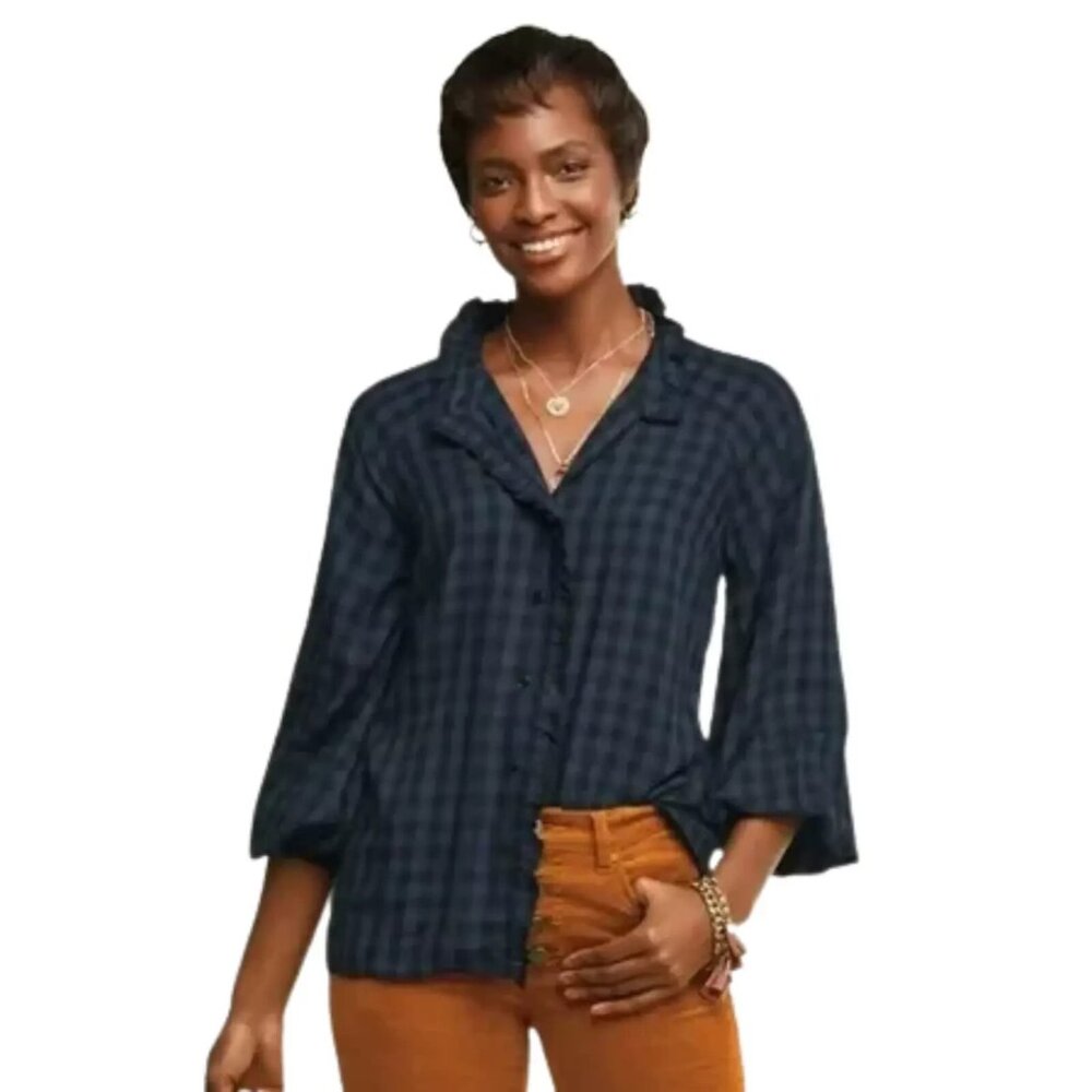 CABI Aberdeen Navy Black Plaid Button Up Shirt Ruffled Long Sleeve Women's Small